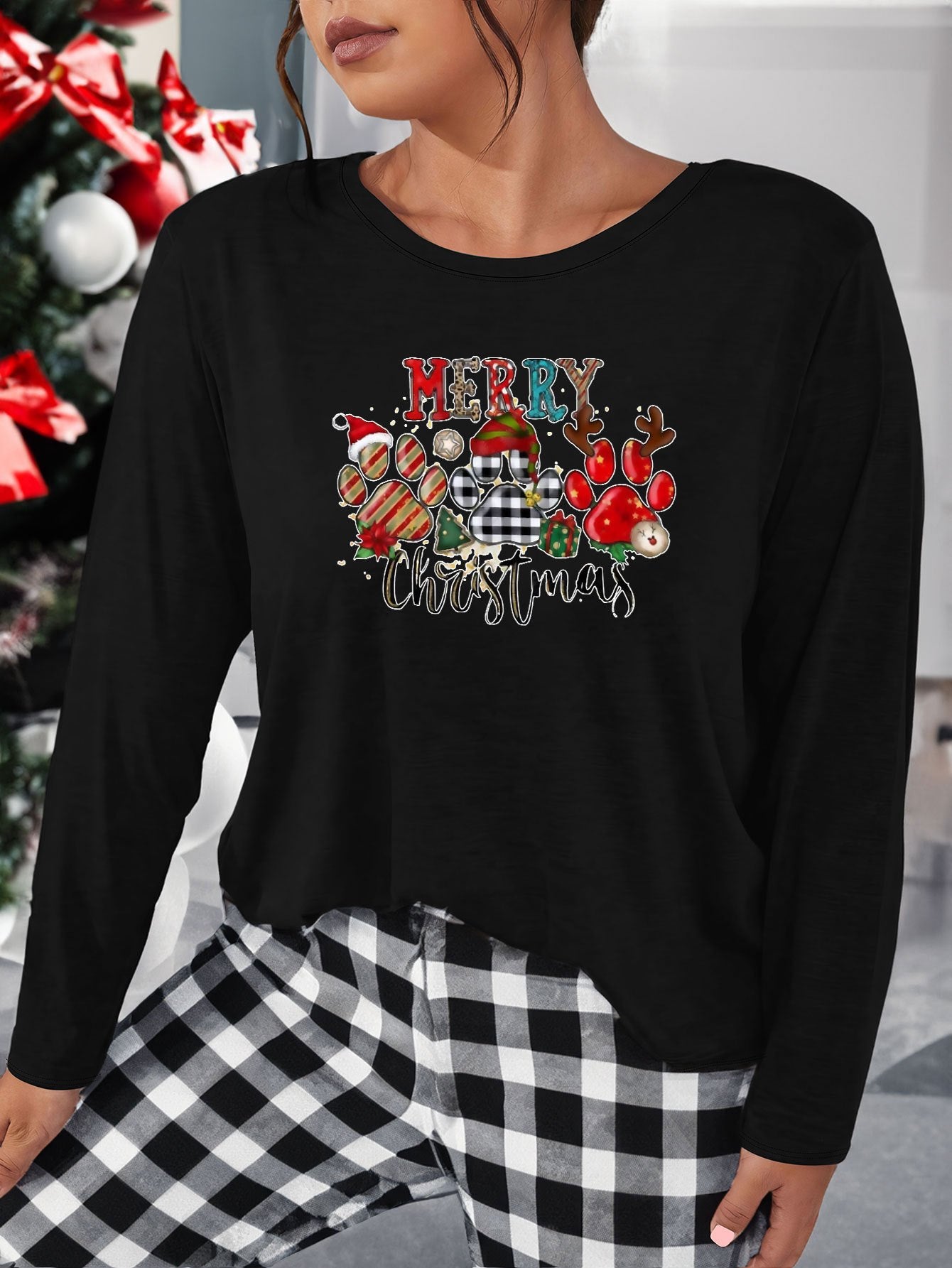 Christmas Lounge Top Women's Hat Paw Print Sleepwear Tee