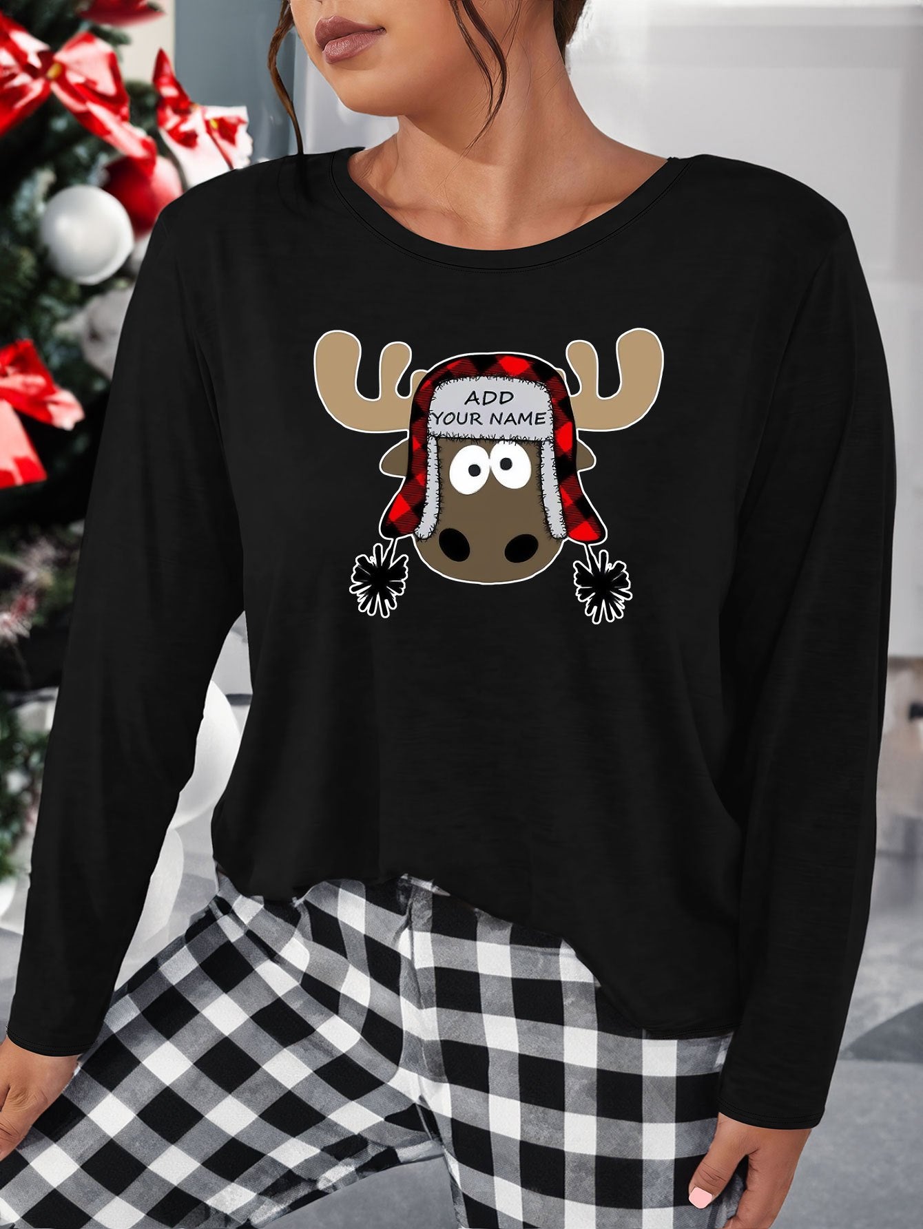 Christmas Lounge Top Women's Plus Funny Elk Print Long Sleeve