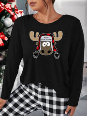Christmas Lounge Top Women's Plus Funny Elk Print Long Sleeve