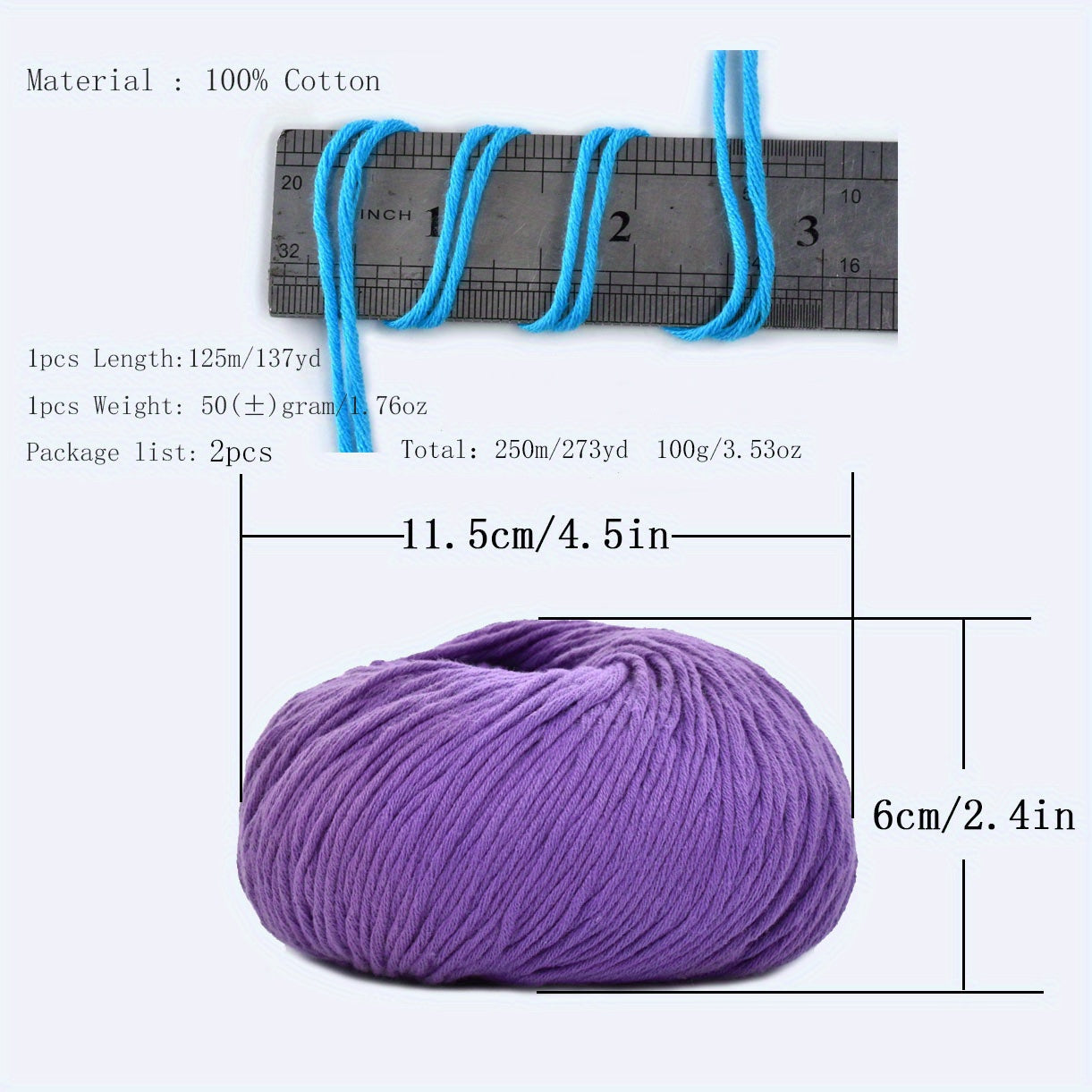 2pcs 100 Cotton Yarn Silk Knitting Soft Combed Cotton Hand Warm Yarn Crochet