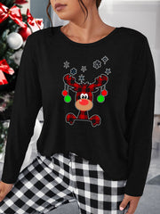 Plus Size Christmas Lounge Top Snowflake & Plaid Elk Print Long Sleeve Tee