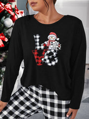 Snowman & Plaid Print Lounge Top Long Sleeve Tee