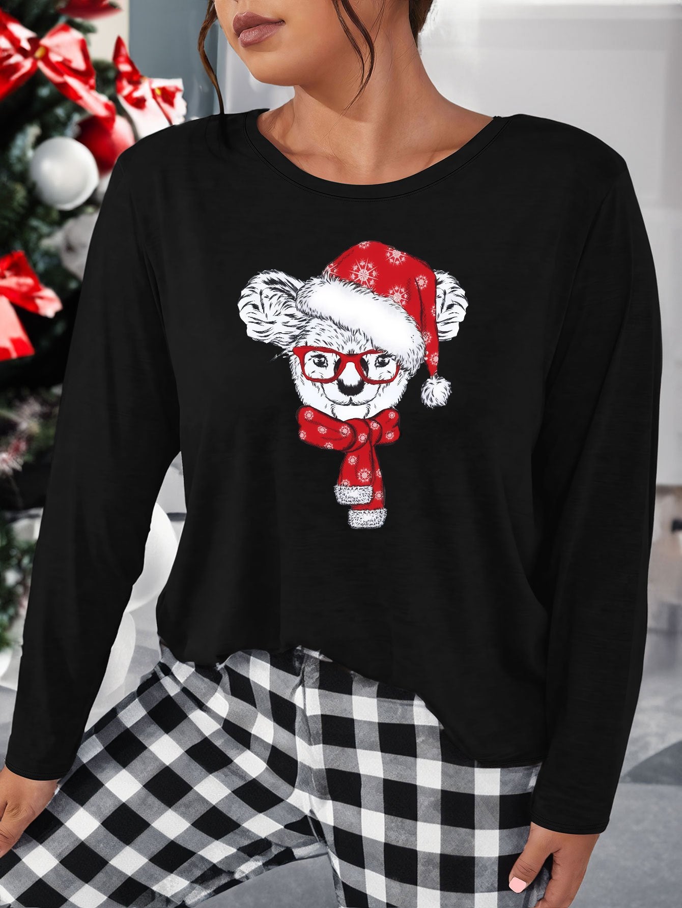 Christmas Lounge Top Women's Plus Christmas Hat Koala Print
