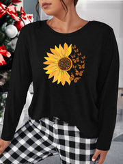 Butterfly Sunflower Print Lounge Top Long Sleeve Tee
