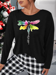 Dragonfly Print Long Sleeve Lounge Top Round Neck