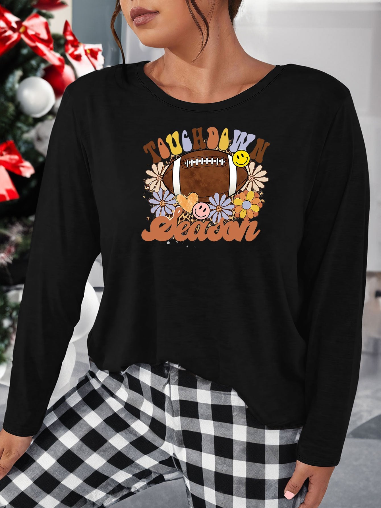 Floral Print Lounge Top Long Sleeve Stretch Sleepwear Tee