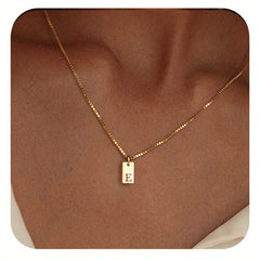 Engraved Letter A Necklace Square Pendant for Women Stainless Steel Jewelry