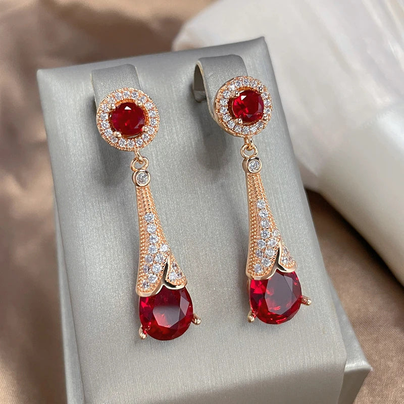 Golden Red Green Stone Dangle Earrings Water Drop Zircon Fine Jewelry