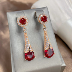 Golden Red Green Stone Dangle Earrings Water Drop Zircon Fine Jewelry