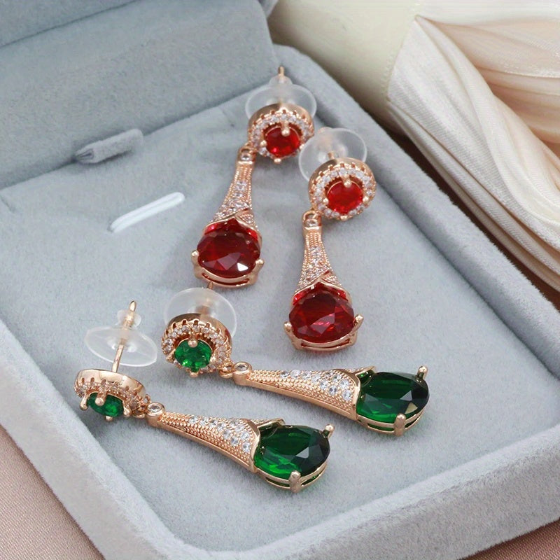 Golden Red Green Stone Dangle Earrings Water Drop Zircon Fine Jewelry