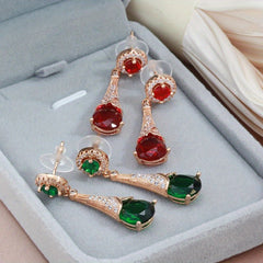 Golden Red Green Stone Dangle Earrings Water Drop Zircon Fine Jewelry