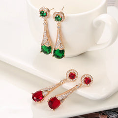 Golden Red Green Stone Dangle Earrings Water Drop Zircon Fine Jewelry
