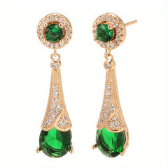 Golden Red Green Stone Dangle Earrings Water Drop Zircon Fine Jewelry