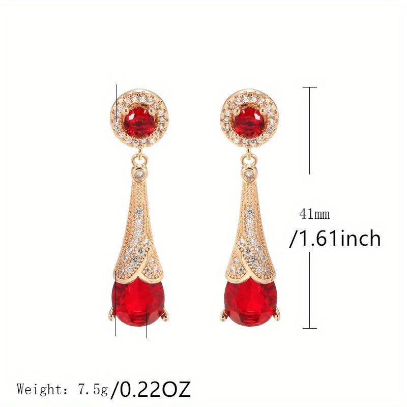 Golden Red Green Stone Dangle Earrings Water Drop Zircon Fine Jewelry