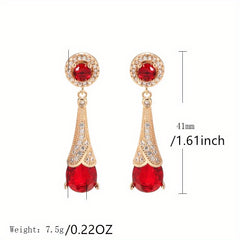 Golden Red Green Stone Dangle Earrings Water Drop Zircon Fine Jewelry