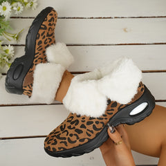 Leopard Print Plush Winter Snow Boots Comfy Non slip Mid Calf Boots
