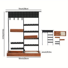 Metal Jewelry Holder with Wooden Tray Base for Desktop Jewelry Storage