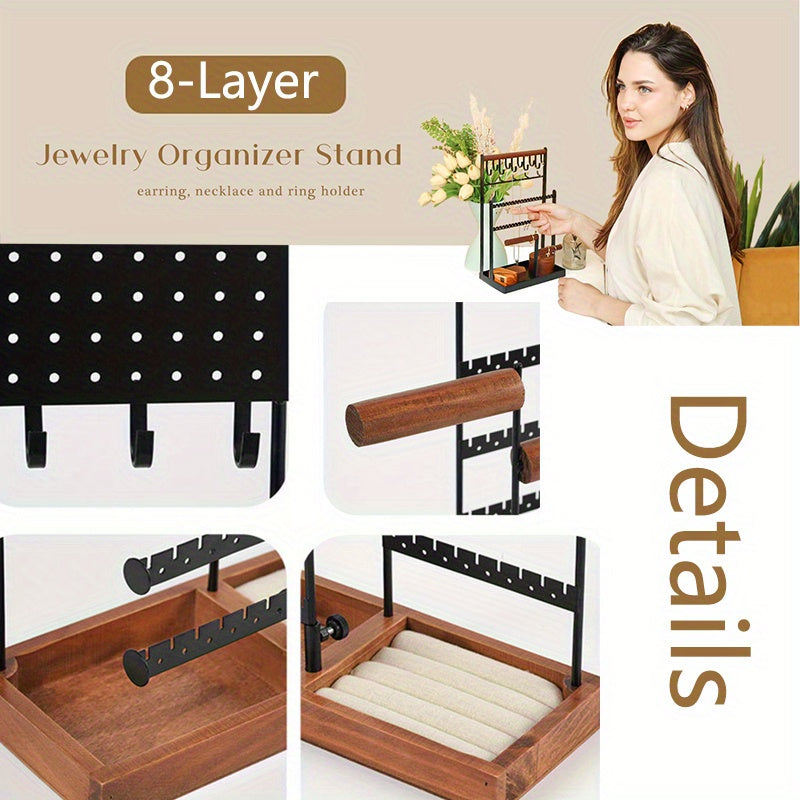 Metal Jewelry Holder with Wooden Tray Base for Desktop Jewelry Storage