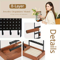 Metal Jewelry Holder with Wooden Tray Base for Desktop Jewelry Storage