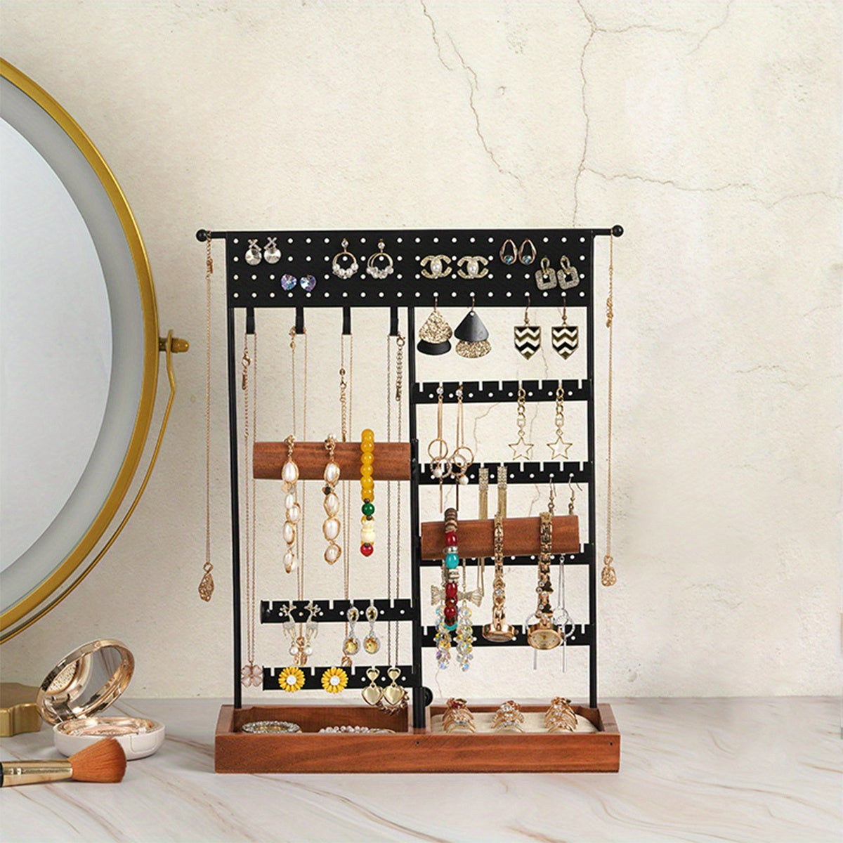 Metal Jewelry Holder with Wooden Tray Base for Desktop Jewelry Storage