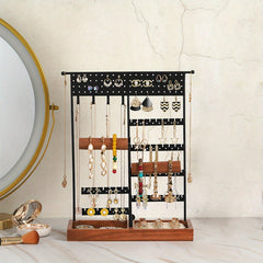 Metal Jewelry Holder with Wooden Tray Base for Desktop Jewelry Storage