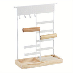 Metal Jewelry Holder with Wooden Tray Base for Desktop Jewelry Storage