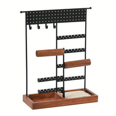 Metal Jewelry Holder with Wooden Tray Base for Desktop Jewelry Storage