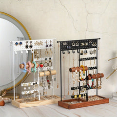 Metal Jewelry Holder with Wooden Tray Base for Desktop Jewelry Storage