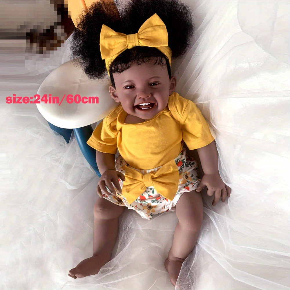 24in Reborn Baby Girl Doll Dark Brown Rooted Hair Art Doll