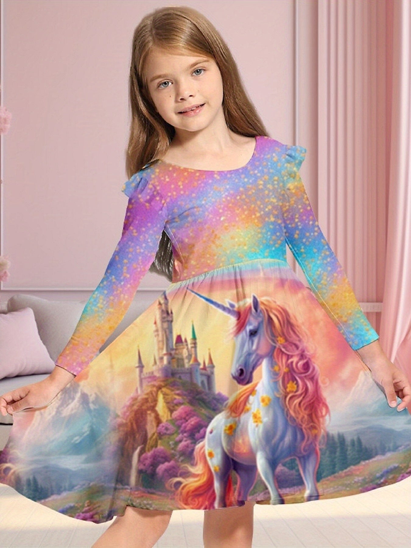 Sweet Unicorn Print Crew Neck Flutter Trim Long Sleeve Dress