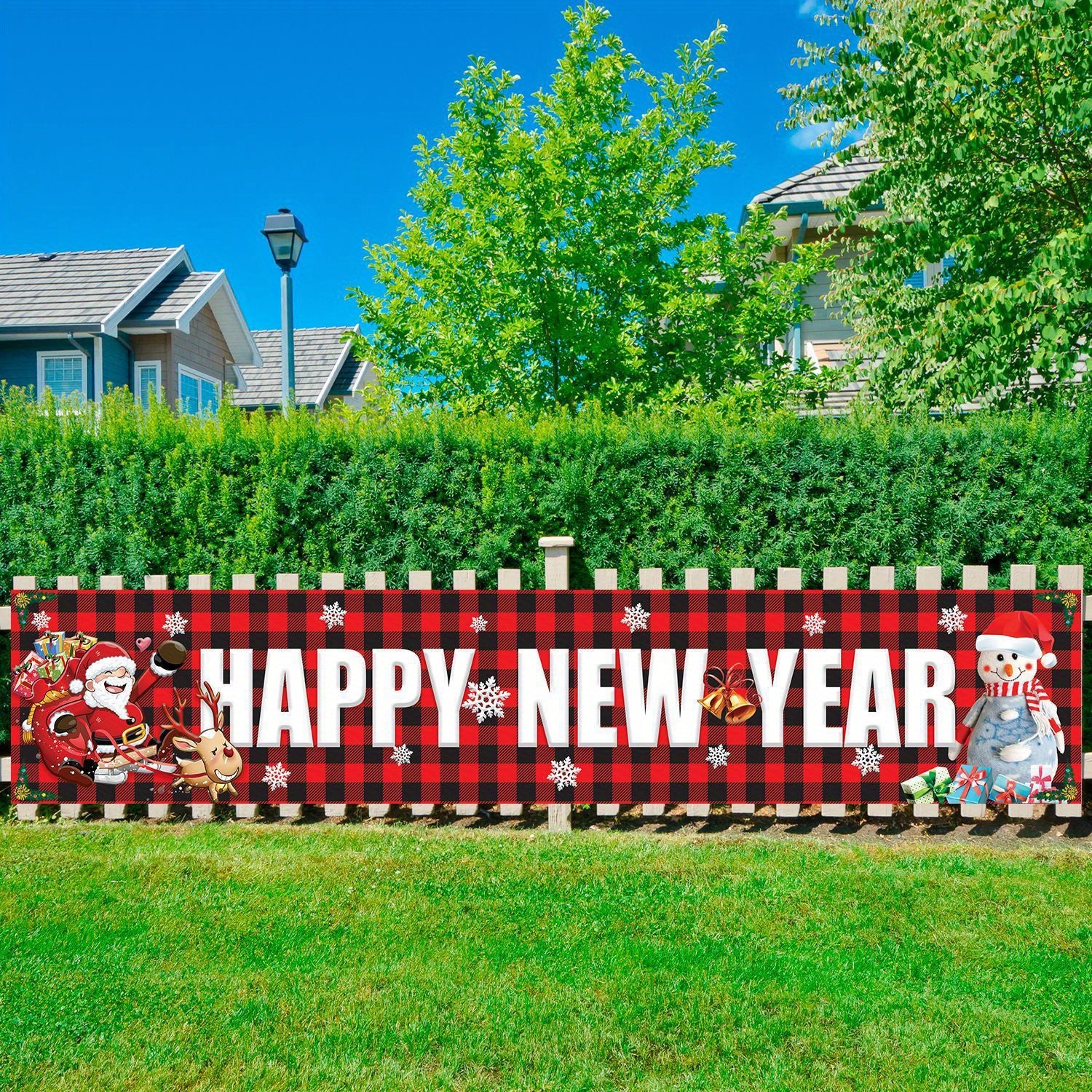 Plaid Christmas Banner Happy Year Yard Decoration Party Banner