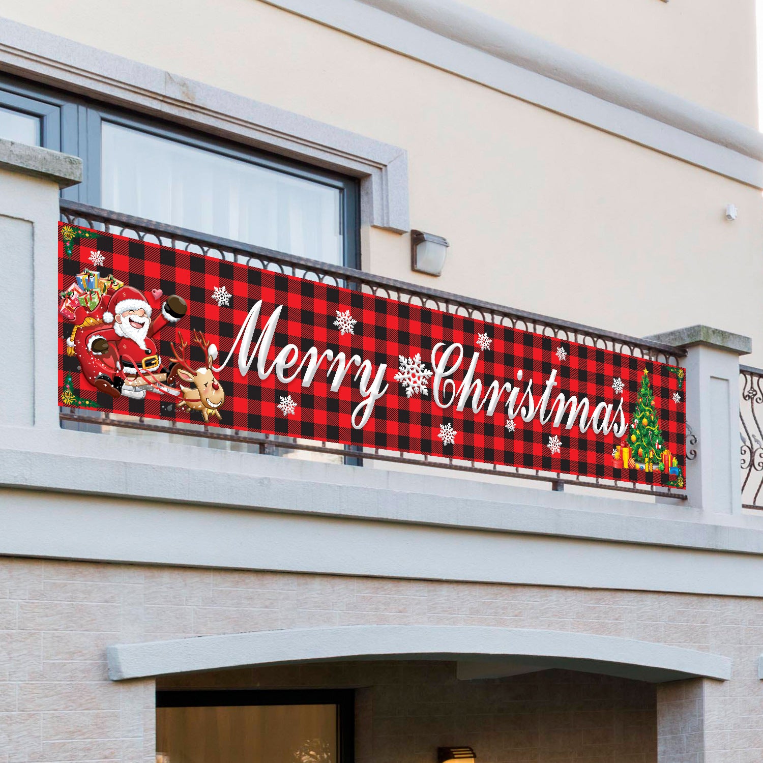 Plaid Christmas Banner Happy Year Yard Decoration Party Banner
