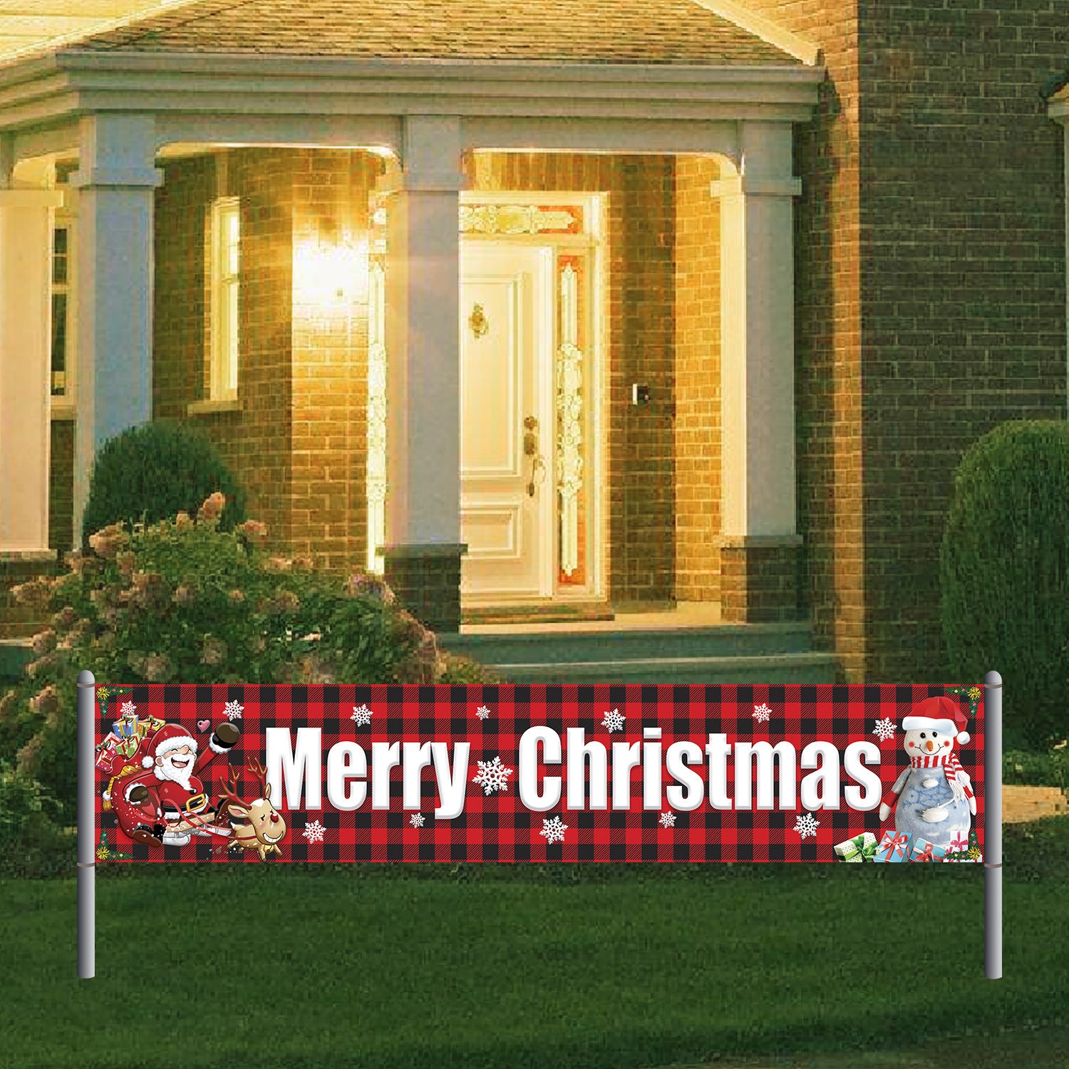 Plaid Christmas Banner Happy Year Yard Decoration Party Banner