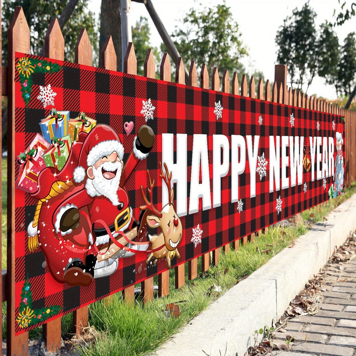 Plaid Christmas Banner Happy Year Yard Decoration Party Banner