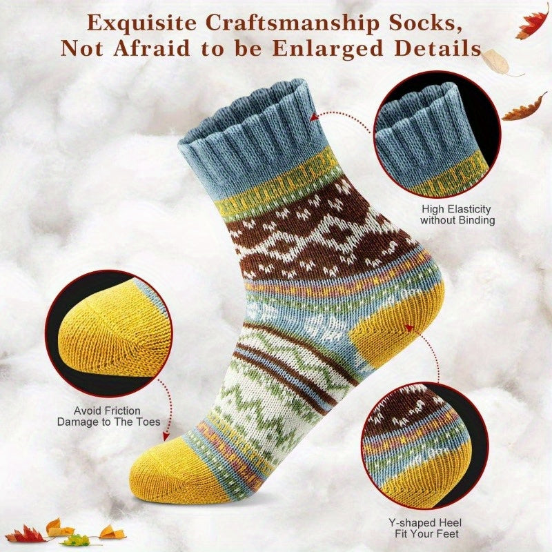 5 Pairs Winter Wool Blend Crew Socks Christmas Cozy Soft Thick Warm