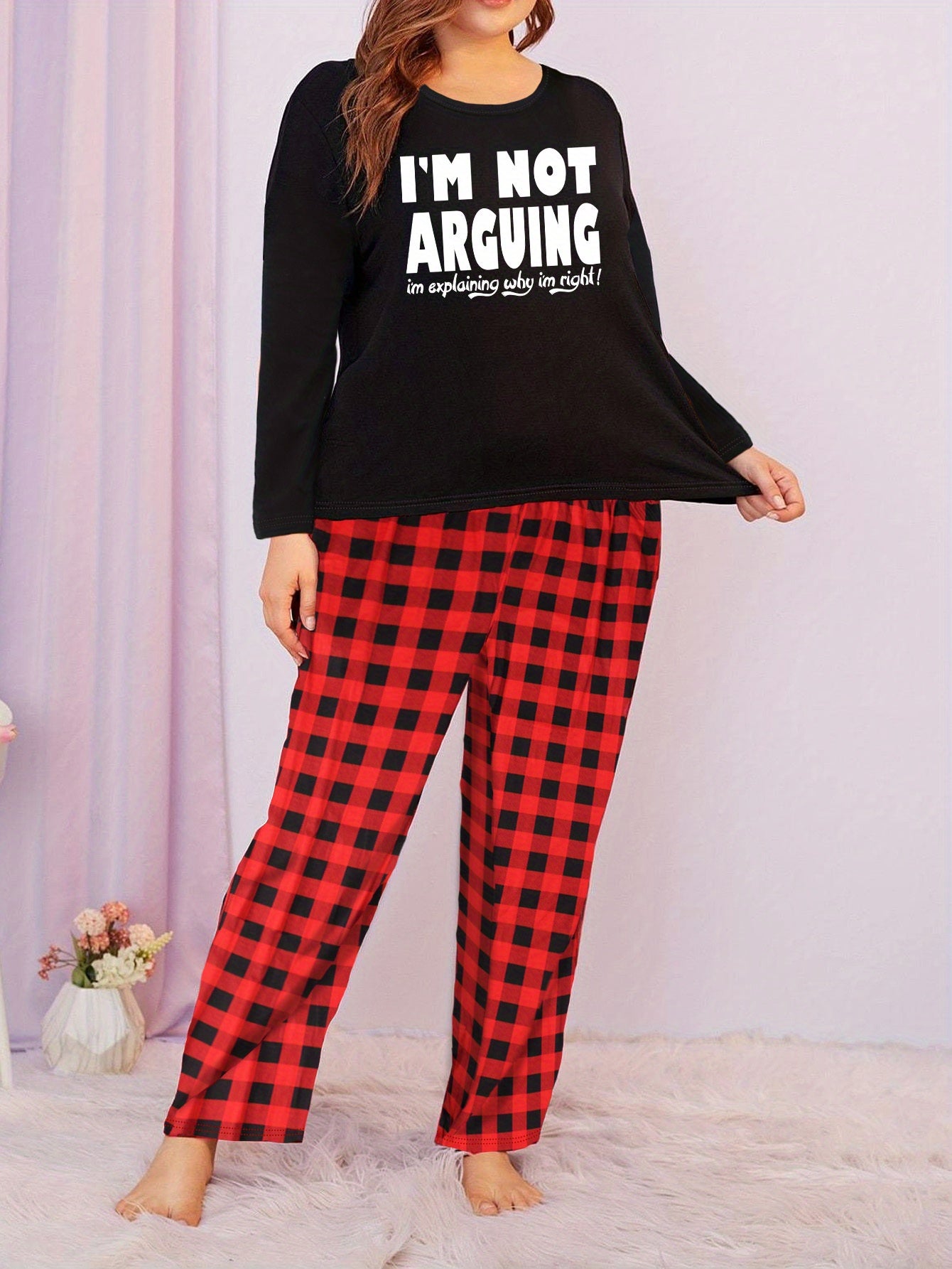 Letter Graphic Long Sleeve Tee & Plaid Pants Lounge Set