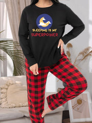 Moon & Letter Graphic Long Sleeve Tee & Plaid Pants Lounge Set