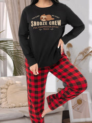 Women's Plus Sloth & Slogan Graphic Long Sleeve Tee & Plaid Pants Lounge Set