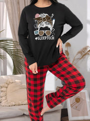 Leopard Graphic Long Sleeve Tee & Plaid Pants Lounge Set
