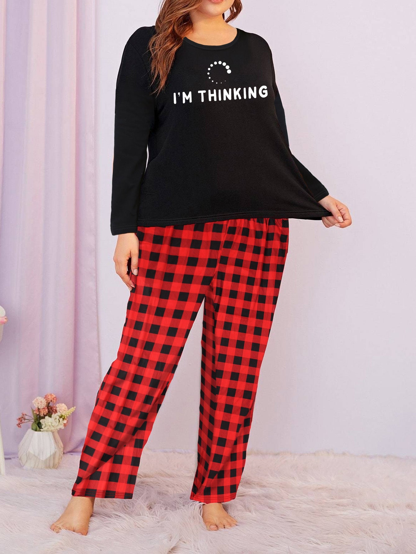Women's Slogan Graphic Long Sleeve Tee & Plaid Pants Lounge Set
