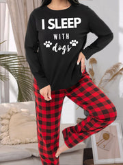 Dog Paw & Letter Graphic Tee & Plaid Pants Pajama Set