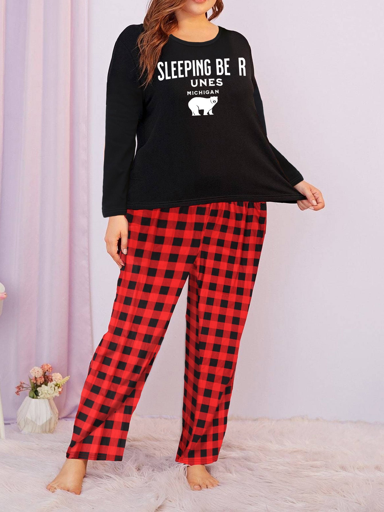 Bear & Letter Graphic Long Sleeve Tee & Plaid Pants Lounge Set