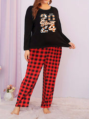 Number & Letter Graphic Tee & Plaid Pants Lounge Set