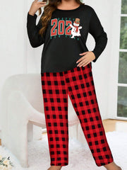 Christmas Pajamas Set Snowman & Letter Graphic Tee & Plaid