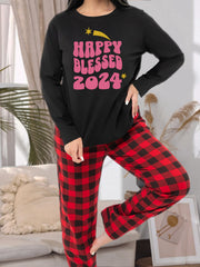 Women's Plus Size Graphic Long Sleeve Tee & Plaid Pants Lounge Set