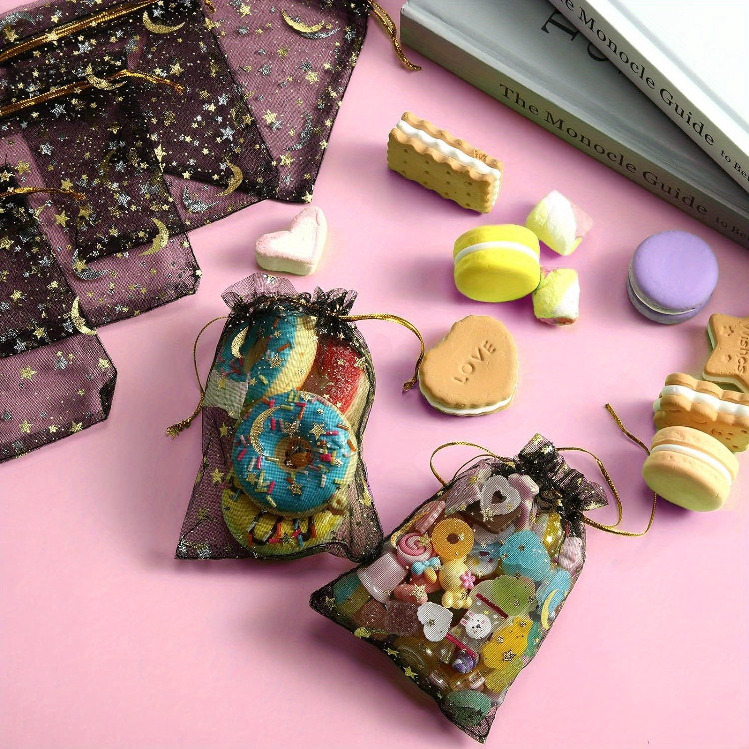 100 Pcs Organza Jewelry Gift Bag Moon Star Drawstring Candy Bag