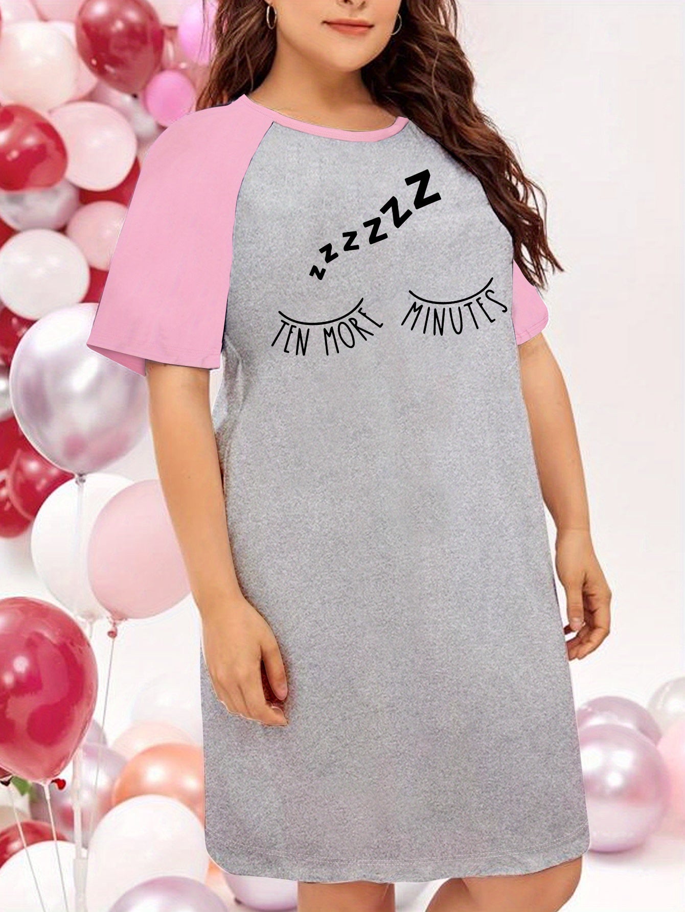 Casual Nightdress Women's Plus Eyelash Graphic Raglan Short Sleeve