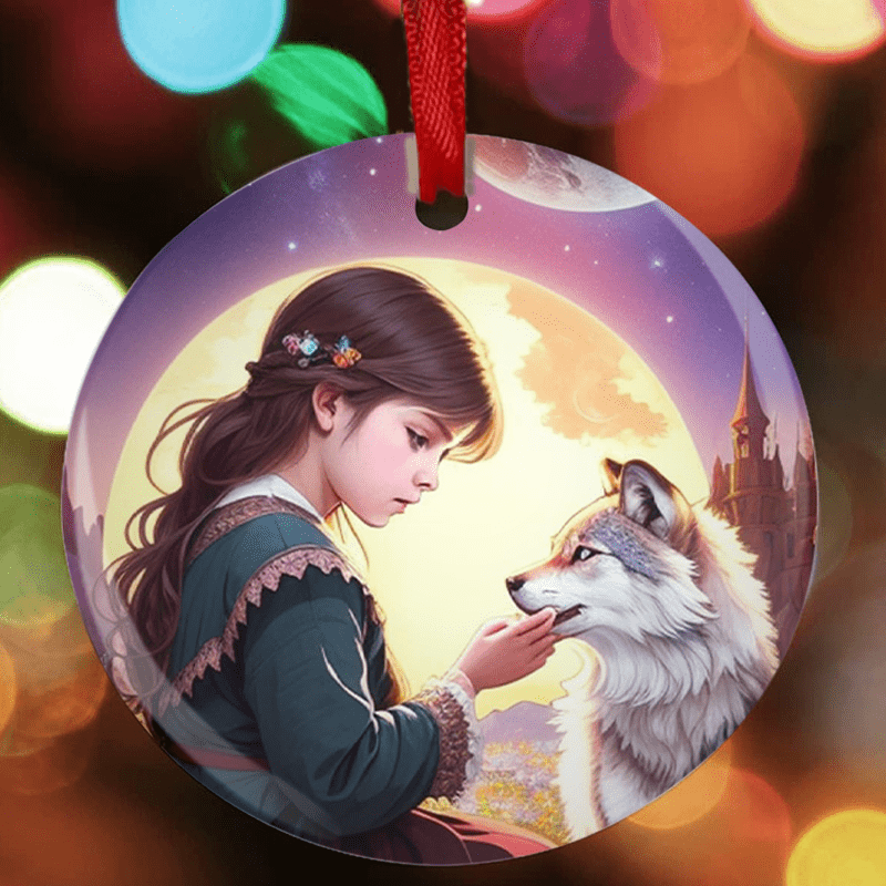 Little Girls With Wolf Christmas Tree Blessing DIY Acrylic Pendant