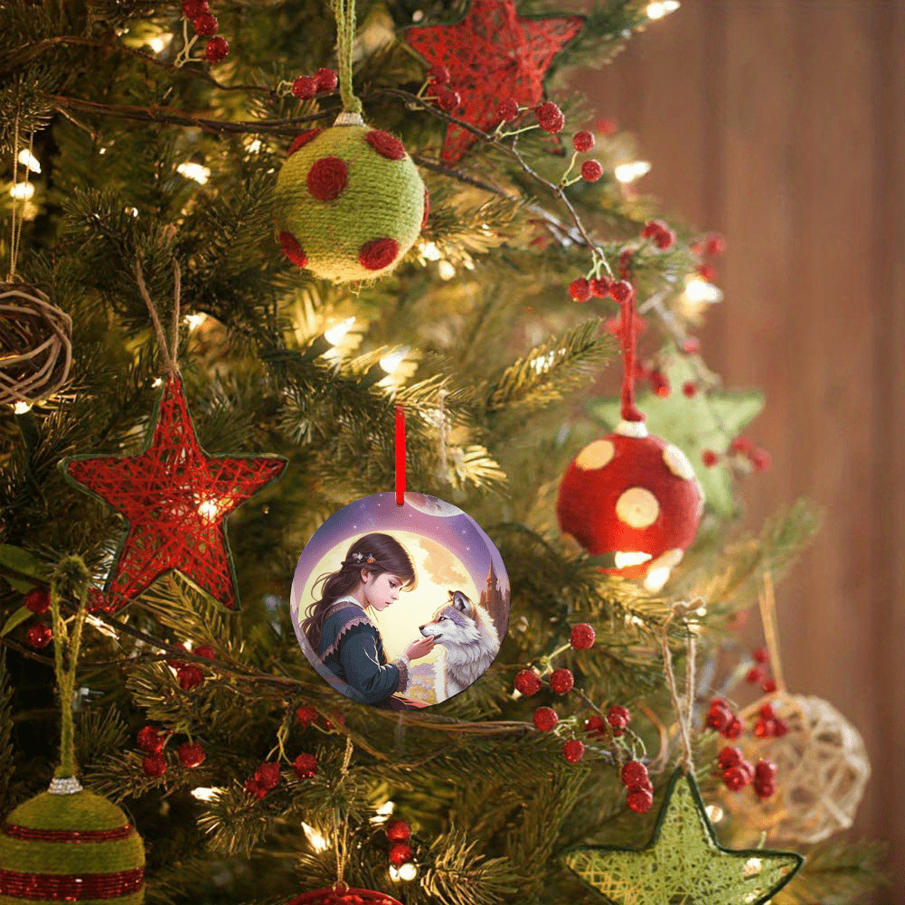 Little Girls With Wolf Christmas Tree Blessing DIY Acrylic Pendant