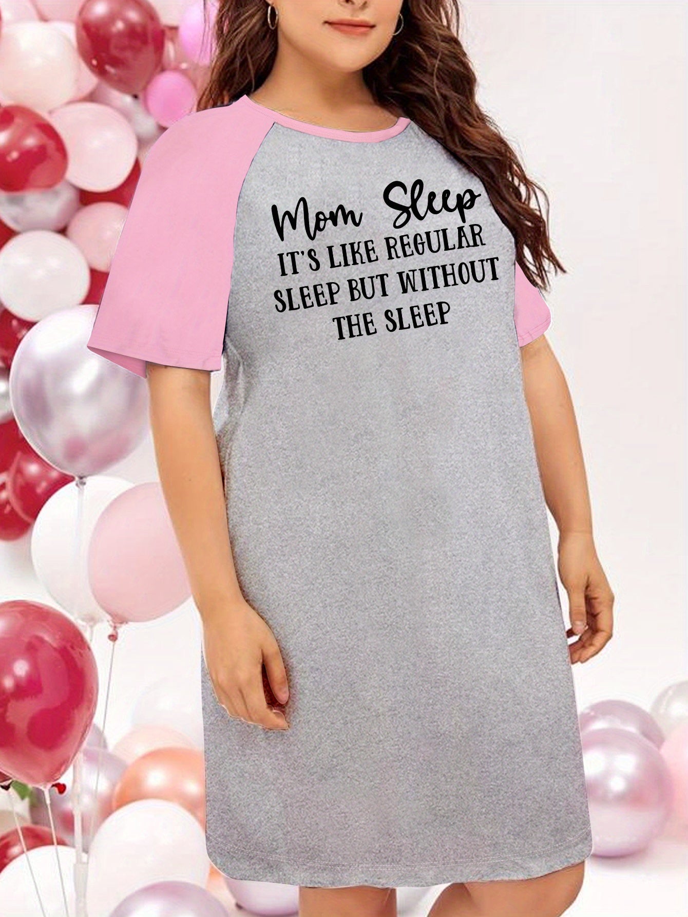 Slogan Graphic Sleep Dress Short Sleeve Round Neck